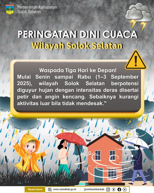 Mulai hari ini sampaikan tiga hari ke depan wilayah Kabupaten Solok Selatan berpotensi diguyur hujan
